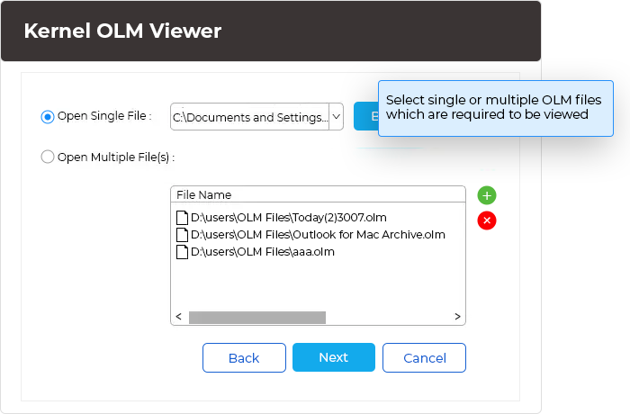 Select single or multiple OLM files which are required to be viewed.