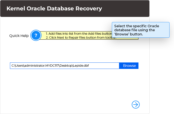 Select the specific Oracle database file using the ‘Browse’ button.