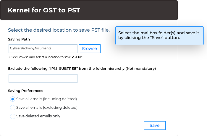 Select the desired location to PST file