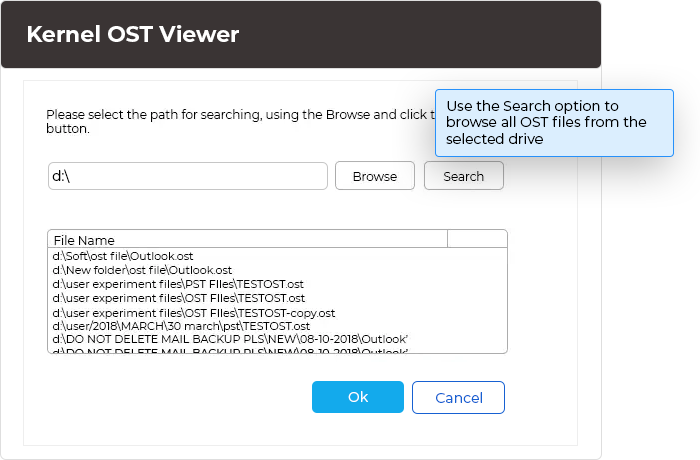 Use the Search option to browse all OST files from the selected drive.