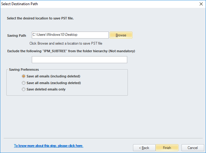 Browse the location where you want to store the converted file