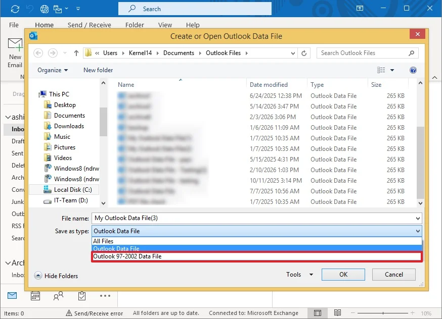  select Outlook 97-2002 Data File