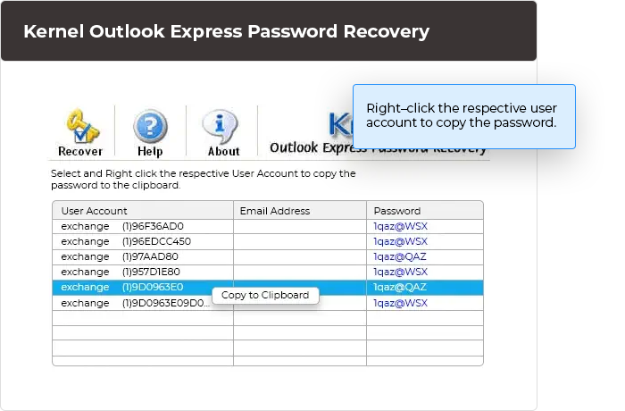 Right–click the respective user account to copy the password.
