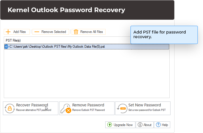 Add PST file for password recovery.