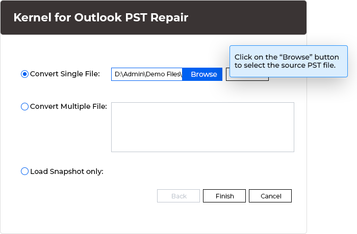 Select the source PST file