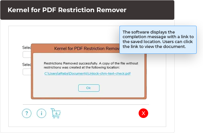 The software displays the completion message with a link to the saved location. Users can click the link to view the document.