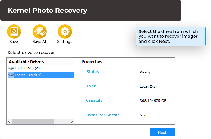 Select the drives to recover corrupted photos