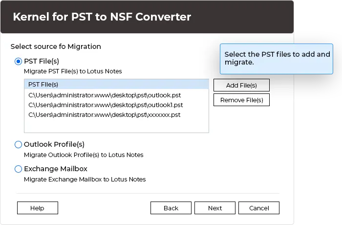Browse and add single or multiple PST files