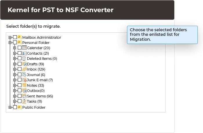Select desired PST file folders