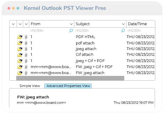 Anteprima dal vivo dell'e-mail PST di Outlook