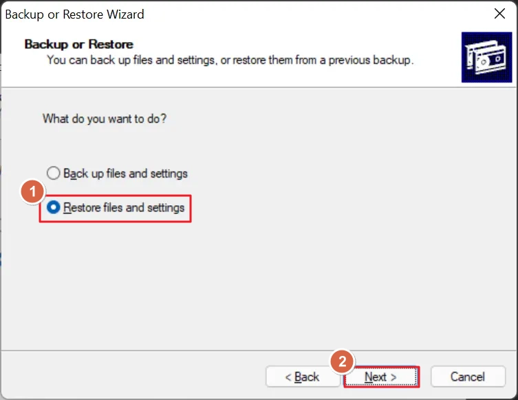 Select Restore files and settings and click Next