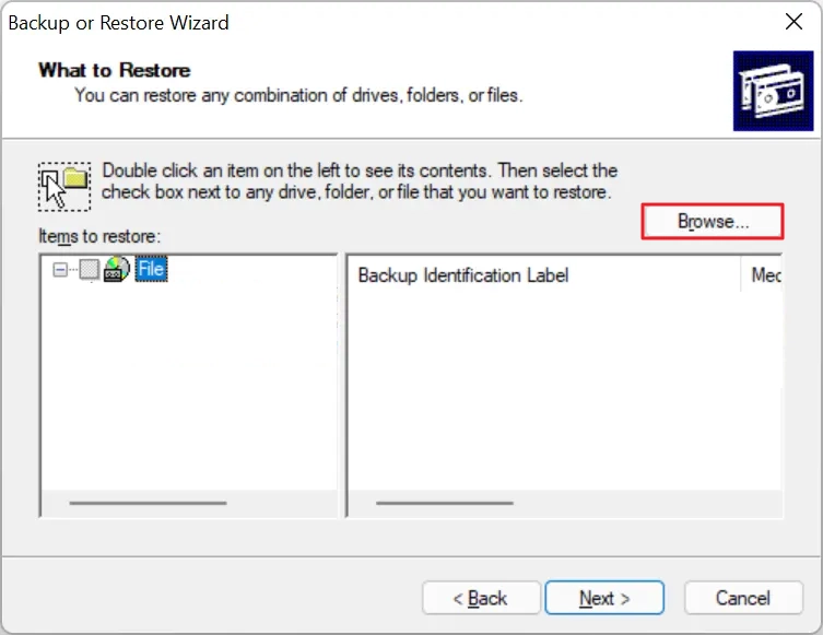 Browse and select the BKF files that you want to recover