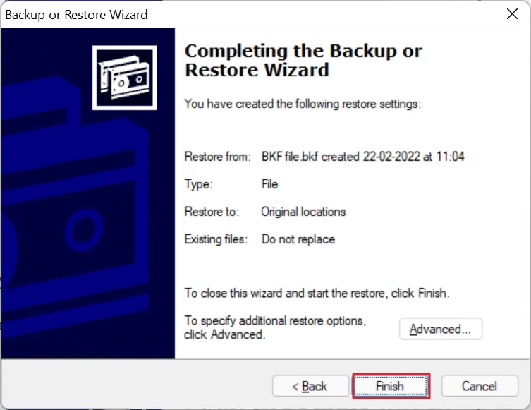 Click Finish to start BKF file recovery