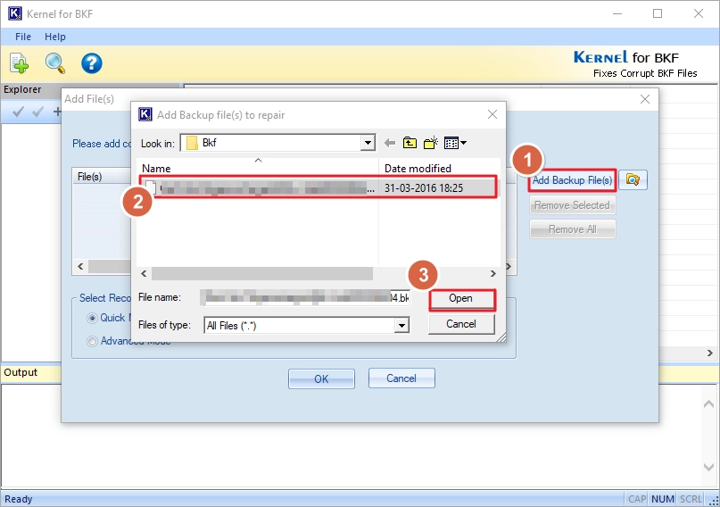 Click on Add BKF Files and select the BKF file you want to restore and Open it
