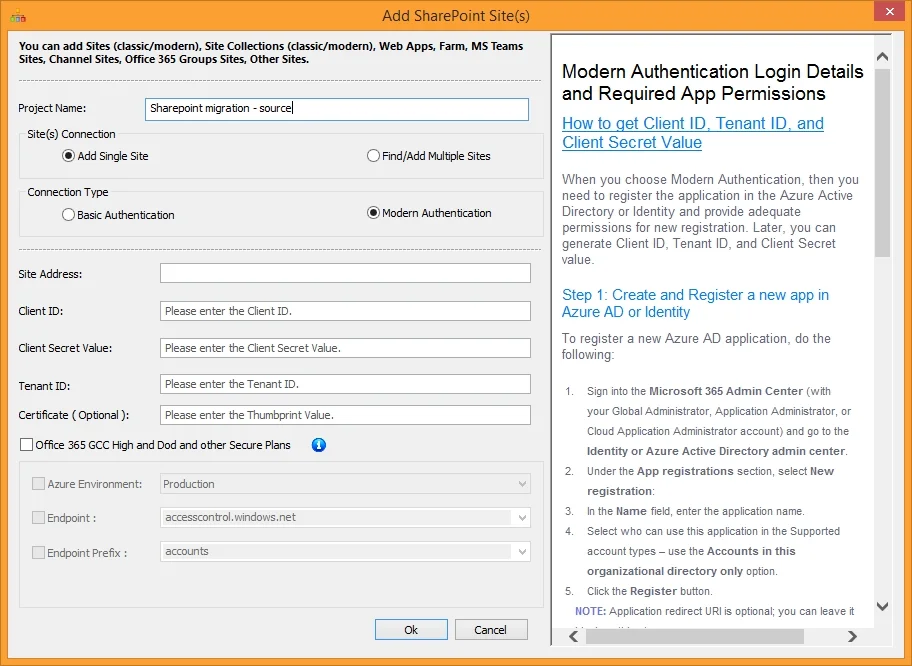Enter credentials to add sites