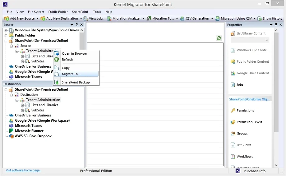 Select source tenant then click Migrate to option
