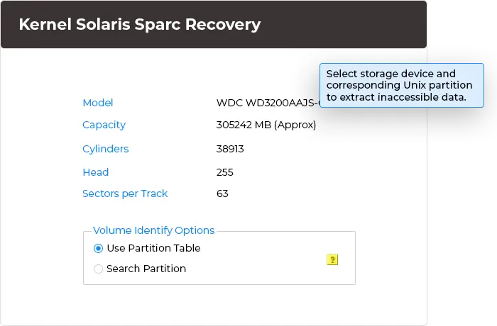 Select the storage device and corresponding Unix partition