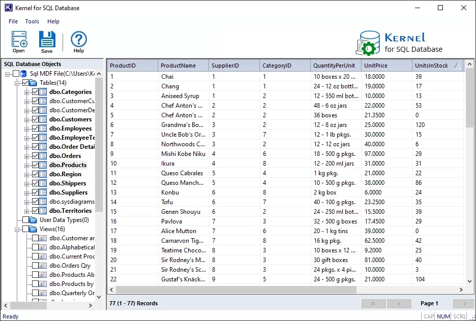 Preview the recovered database objects