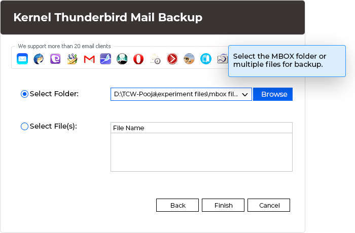 Select the MBOX folder or files for backup.