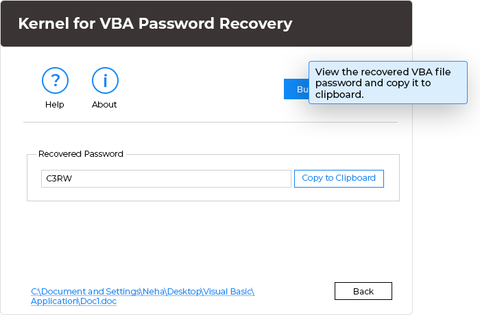 In this step, view the recovered VBA file password and copy it to clipboard
