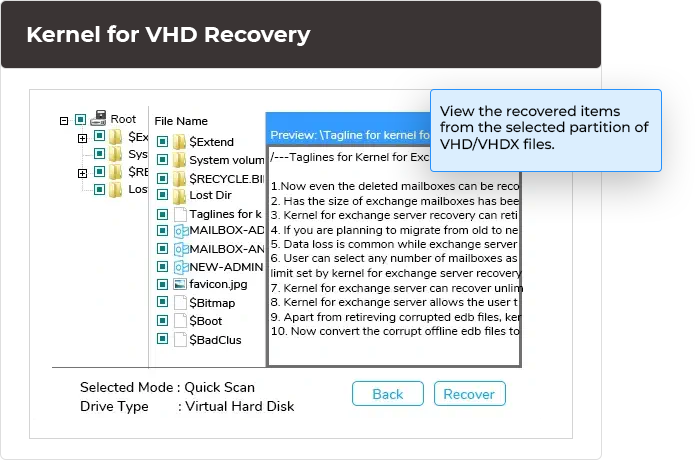 View the recovered items from the selected partition of VHD/VHDX files.
