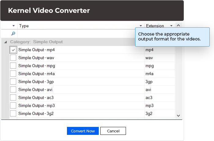Choose the appropriate output format for the videos.