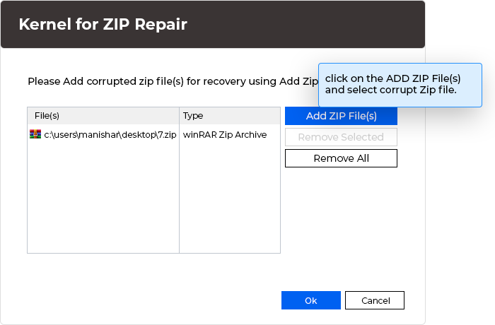 Click on Add ZIP File(s) to select corrupt ZIP files. 