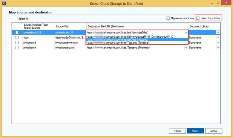 Select for Subsites to move data to SharePoint subsite