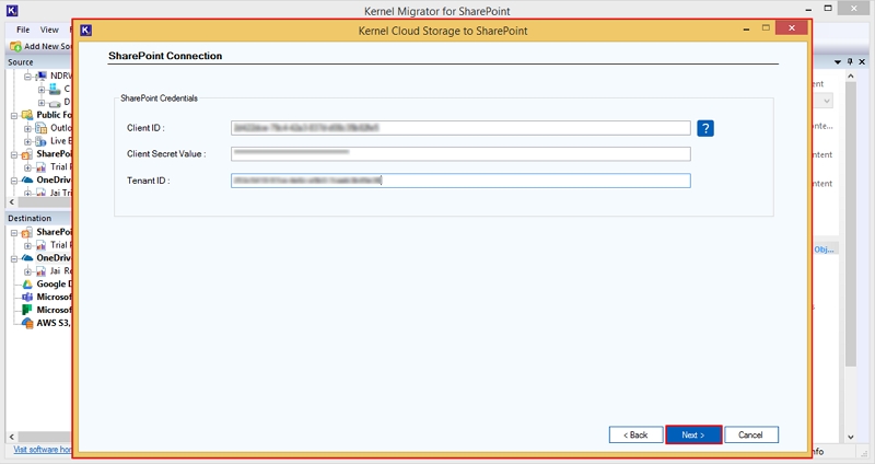 SharePoint Connection window, enter SharePoint credentials