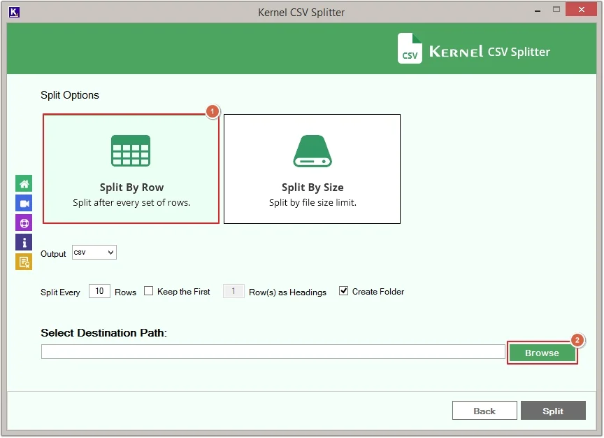 Select split by row apply filters anclick browse