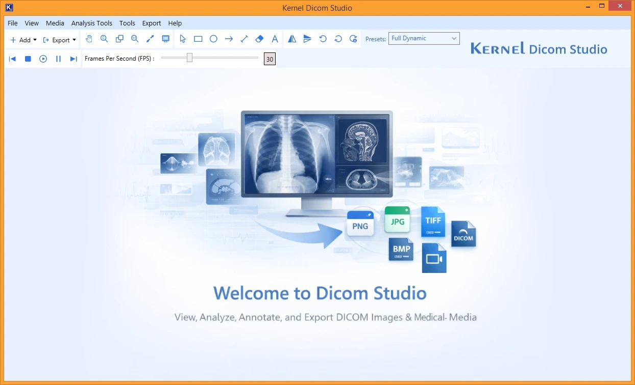 Launch Kernel Dicom Studio on your PC to see the home screen