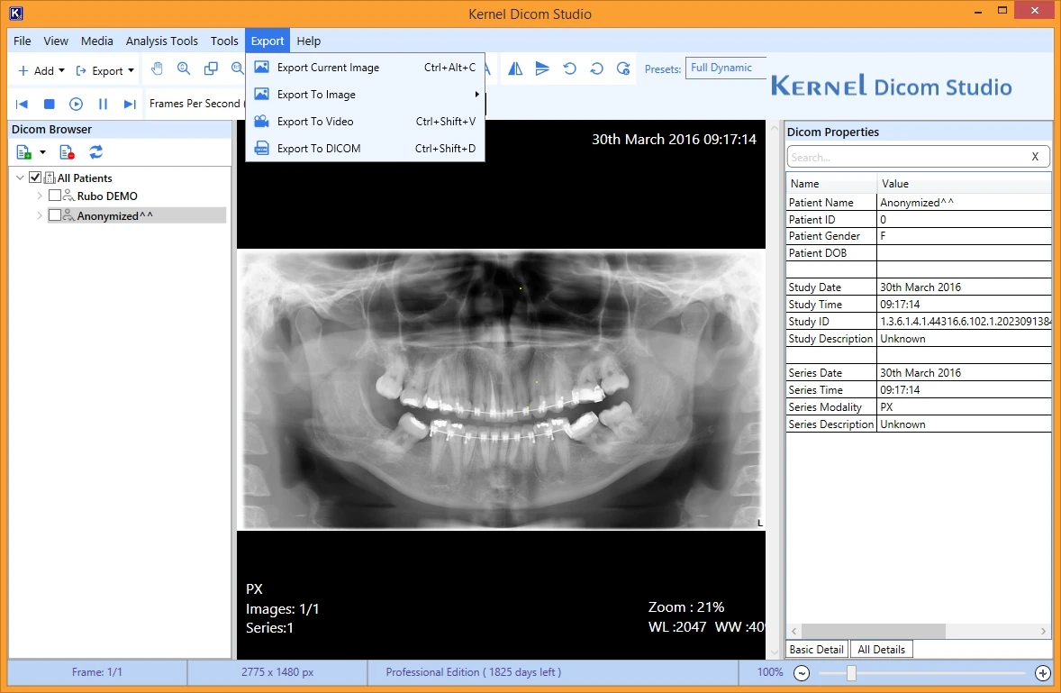 Export files to DICOM file extension with the desired size