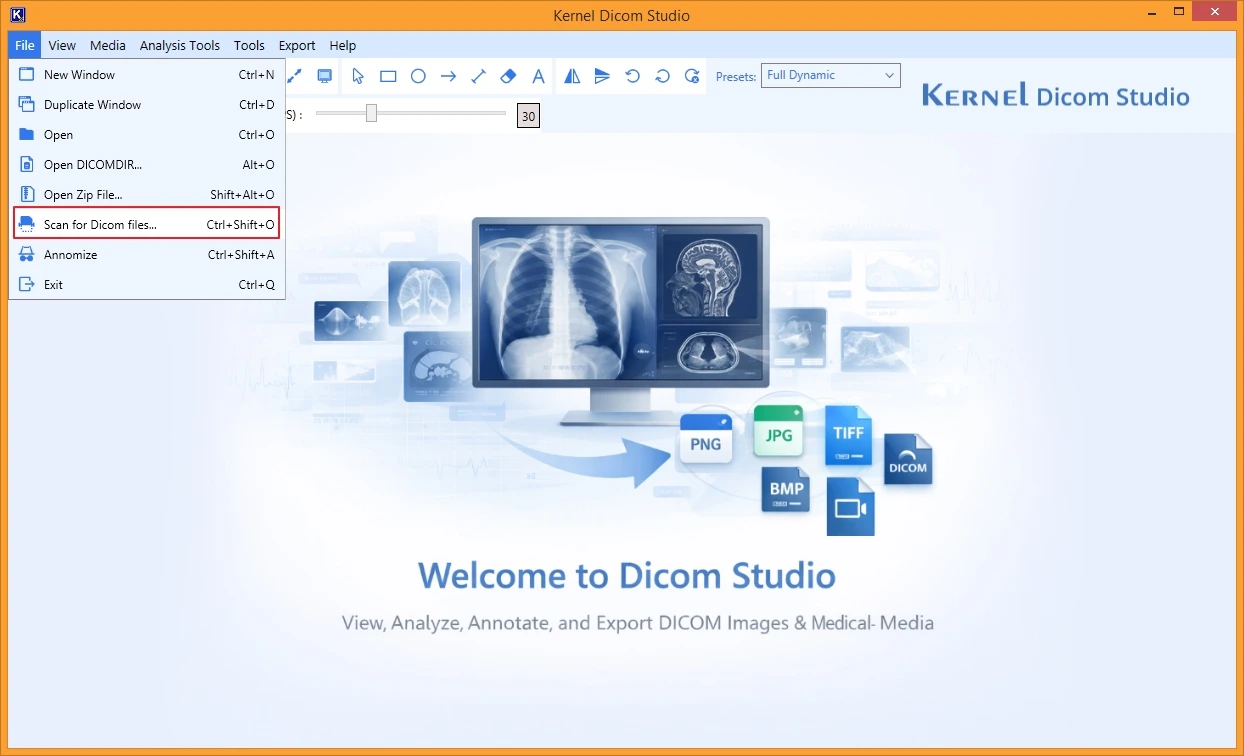 Go to File and click on Scan for Dicom files