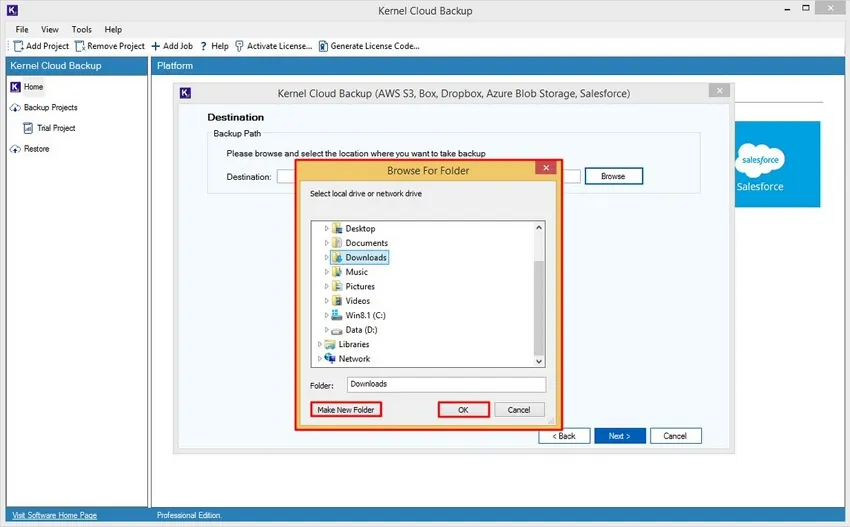Browse for Folder or make new folder to save the backup