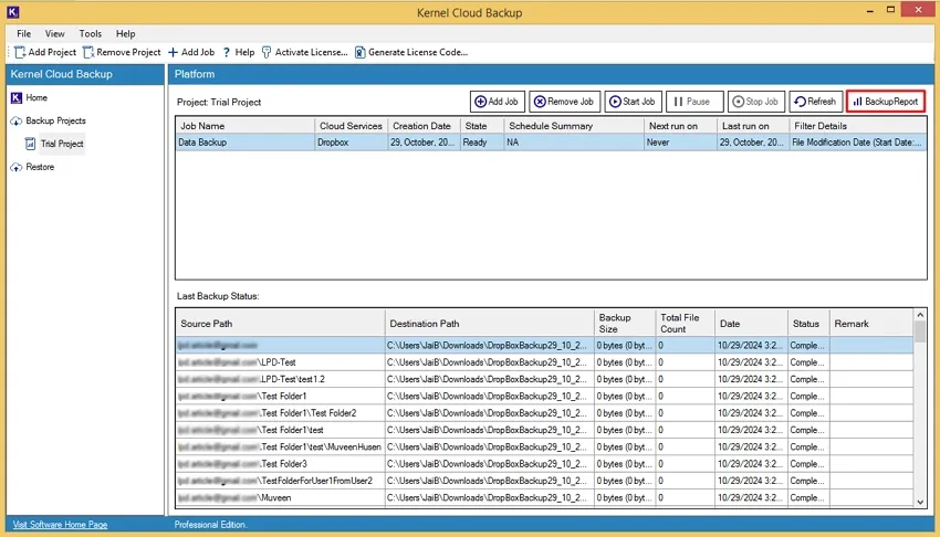 Click on Backup Report to detailed report