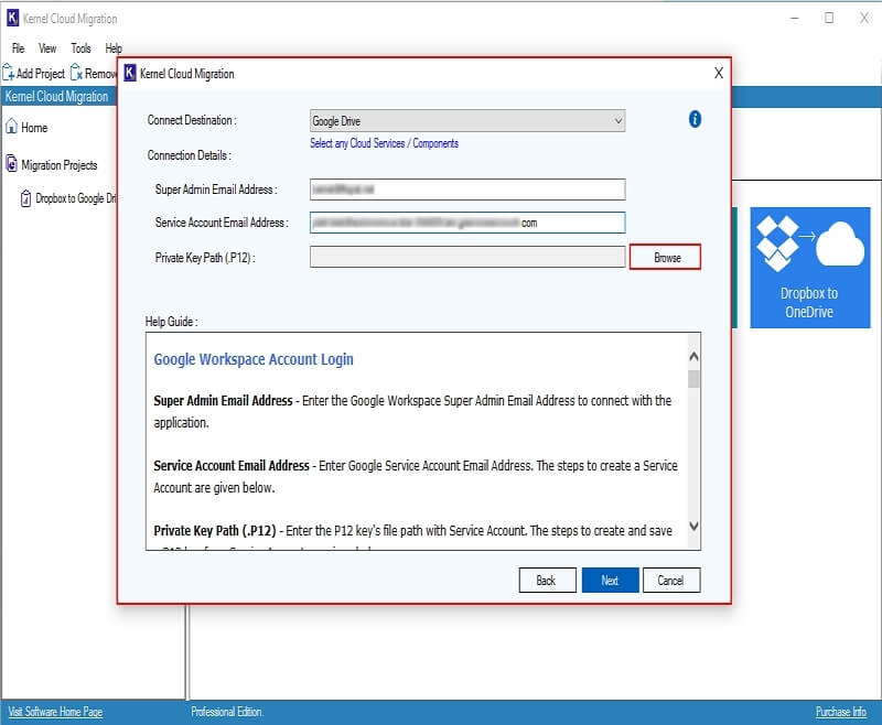 Connect Destination window