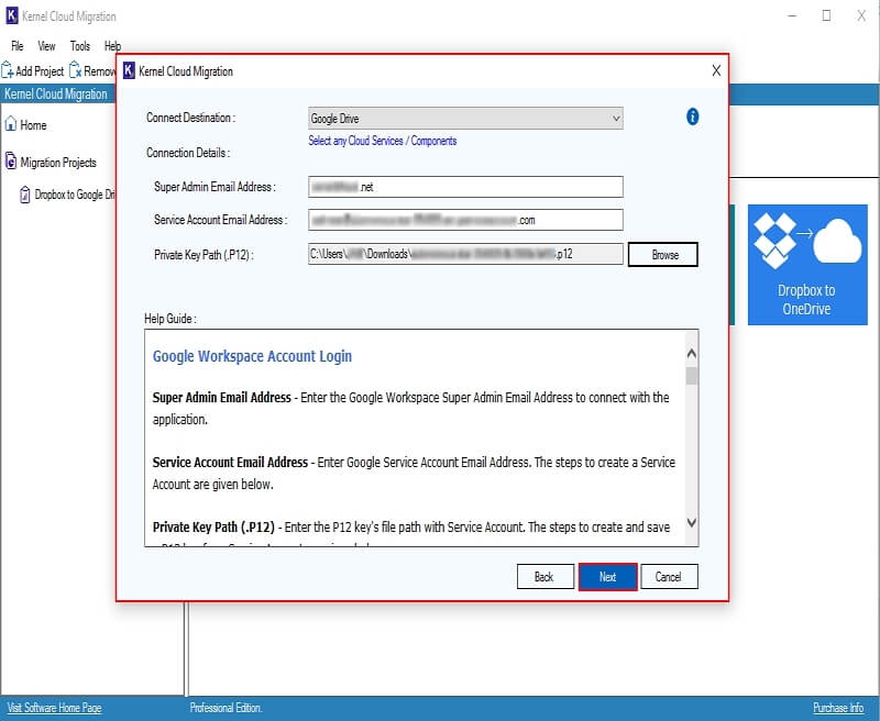 Connect Destination window