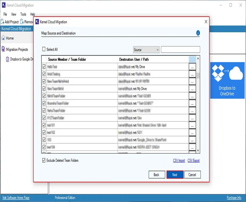 Again Map Source and Destination window