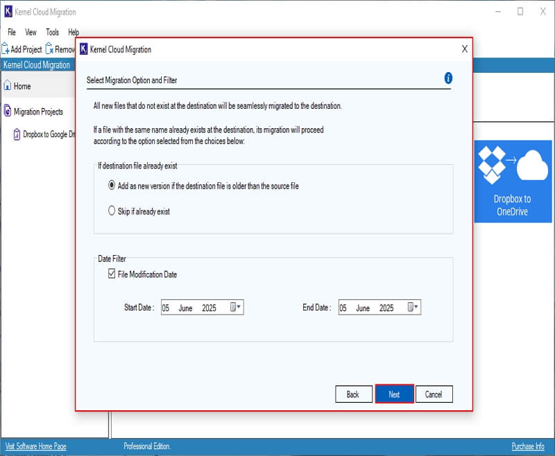 Select Migration Option and Filter window