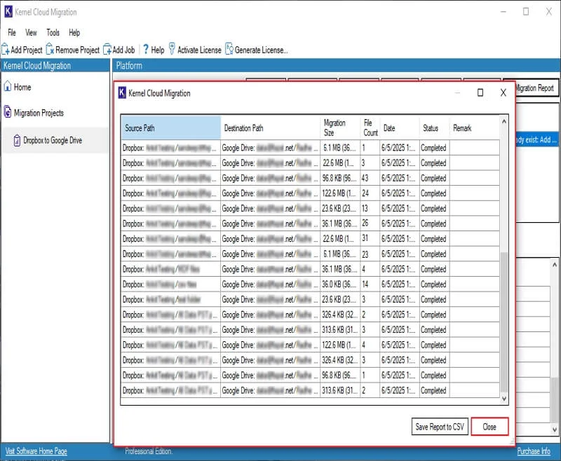 Finally click on Close to end the migration process and exit software.