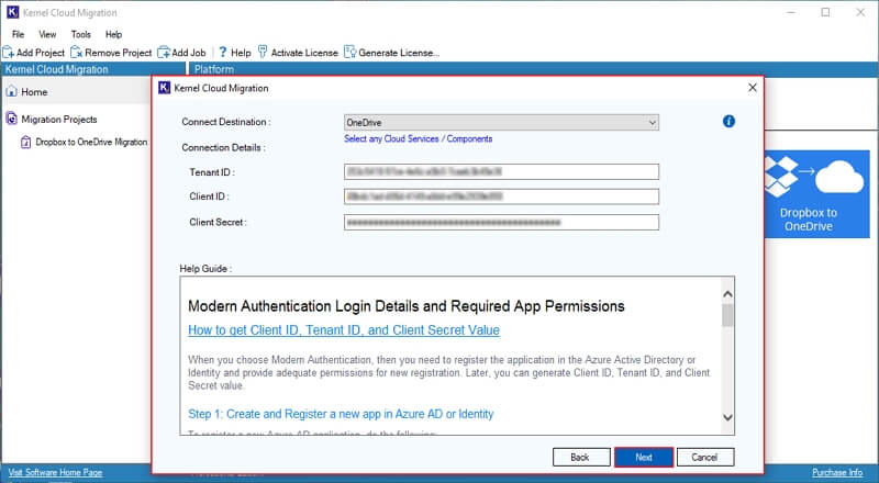 Connect Destination window