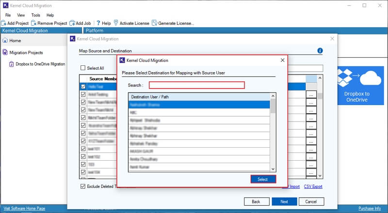 Select the destination users