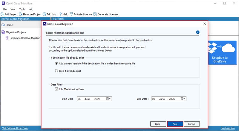 Select Migration Option and Filter