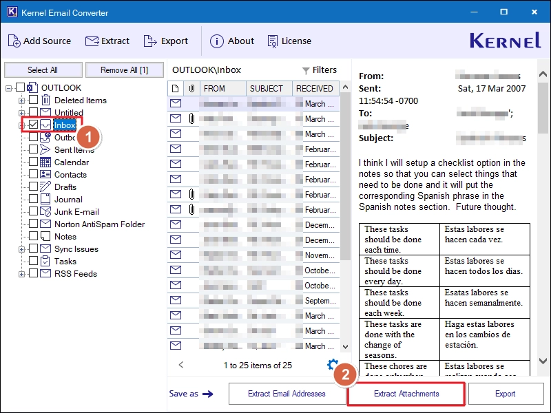 Select the folders you want and click on Extract Attachments