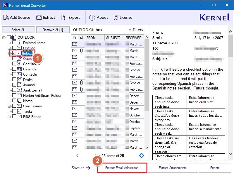 Select the folder you want and click on extract email addresses