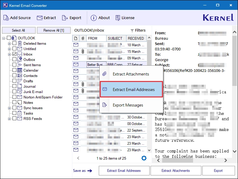 select an email then right-click on it and choose the Extract Email Addresses option.