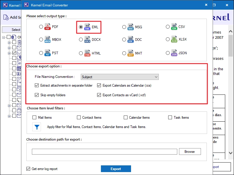 select the output file type and configure the other export settings