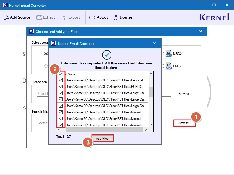 click the second Browse button under the Search file across your PC and click add files