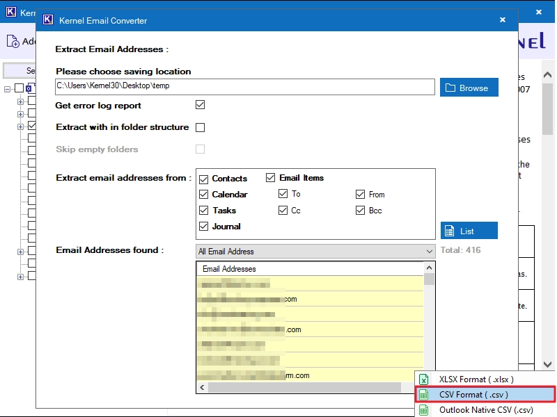Select the output format to save the list and the extraction will begin