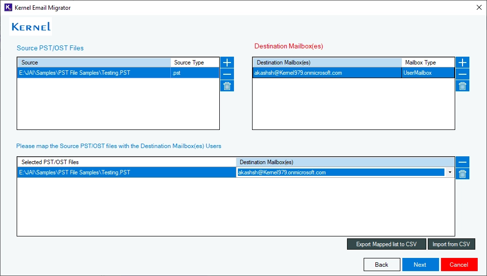 Map the source and destination mailboxes
